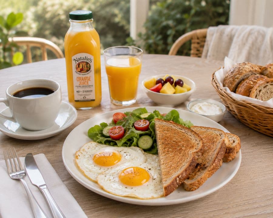 A breakfast table with orange juice, porridge and fruit